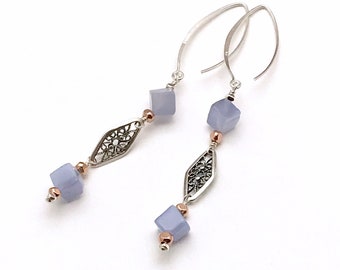 Blue Chalcedony Dangle Earrings, Mixed Metals, Cool Eclectic Lightweight, Old World Vibe, OOAK Geometric, Classic Boutique, Forever in Style