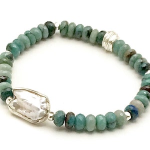 Chrysocolla & Pearl Beaded Bracelet, OOAK Faceted Teal Stone, Silver Rimmed Pearl Focal, Classic Boutique, Forever in Style, Timeless Glam image 1