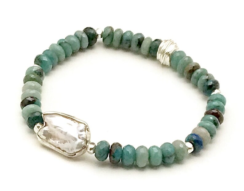 Chrysocolla & Pearl Beaded Bracelet, OOAK Faceted Teal Stone, Silver Rimmed Pearl Focal, Classic Boutique, Forever in Style, Timeless Glam image 1