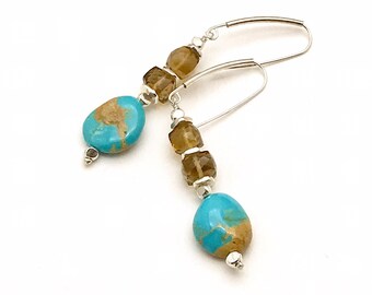 Kingman Turquoise Dangle Earrings, Sterling Silver & Golden Quartz, OOAK Classic Boutique, Southwest Glam, Forever in Style, Timeless