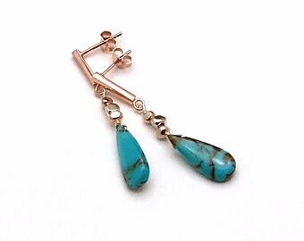 Kingman Turquoise Post Earrings, 14k Rose GF Minimalist, OOAK Cool & Eclectic, Lightweight Southwest Classic Boutique, Forever in Style