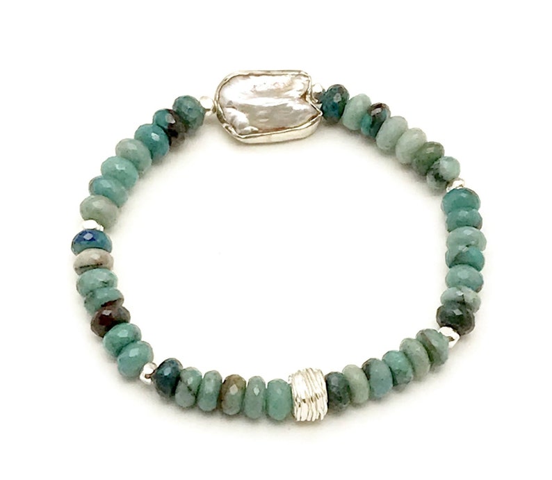 Chrysocolla & Pearl Beaded Bracelet, OOAK Faceted Teal Stone, Silver Rimmed Pearl Focal, Classic Boutique, Forever in Style, Timeless Glam image 4