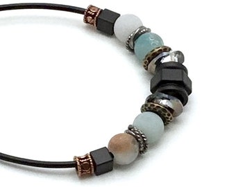 Black Leather Amazonite Choker, Eclectic Cord Necklace, Forever in Style, Classic Boutique, Black & Metallic Elements, Super Cool Gift