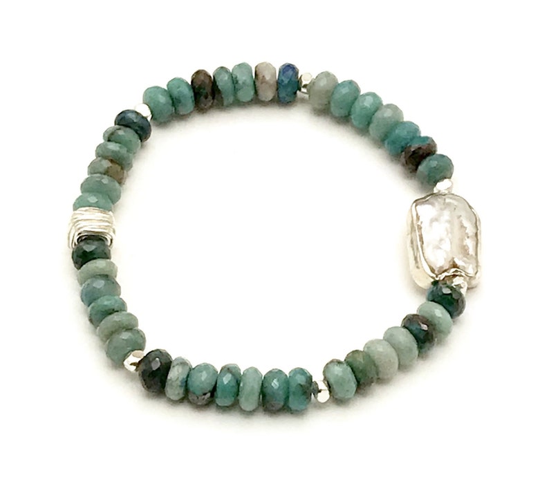 Chrysocolla & Pearl Beaded Bracelet, OOAK Faceted Teal Stone, Silver Rimmed Pearl Focal, Classic Boutique, Forever in Style, Timeless Glam image 3