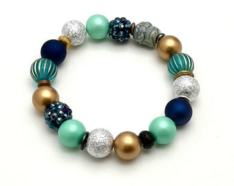 Navy Mint Teal Retro Bracelet, Cool Color Combo, OOAK Highly Eclectic and Textured, Gorgeous On, Classic Boutique, Forever in Style Timeless