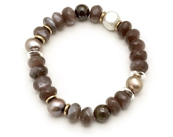 Chocolate Moonstone & Pearl Bracelet, Neutral Mixed Metals, Cool and Eclectic, Boutique Glam Vibe, Timeless Gifting, for Classy Gals