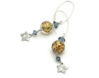 Blue Gold Murano Glass Earrings, Cool Confetti Celestial, Textured Sterling Silver Star, Eclectic Classic Boutique, Forever in Style