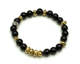 Black Agate Brass Beaded Bracelet, Black & Gold OOAK Highly Neutral, Cool and Eclectic Classic Boutique Style, Timeless Details