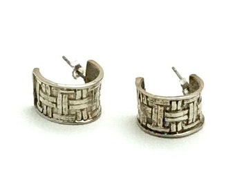 Vintage Sterling Silver Post Earrings, Timeless Geometric, Basket Weave Imprint & Stamped, Classic Boutique, Early 90s,  Forever in Style