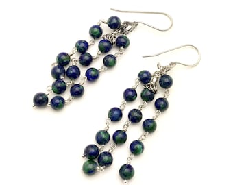 Azurite Malachite Chandelier Earrings, Long Navy & Green, Wrapped Stone, Cool and Lightweight, Classic Boutique, Forever in Style, Timeless