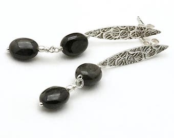 Black Obsidian Post Earrings, Textured Artistic Sterling Silver, OOAK Cool and Eclectic, Classic Boutique, Forever in Style, Timeless Chic