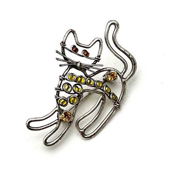 Vintage Silver Kitty Pin, Plated Silver Brooch Op… - image 1