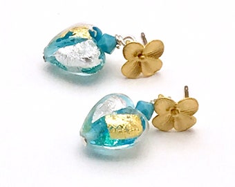 SALE Blue Murano Glass Heart Earrings, Petite Venetian Glass Flower Post Style, Cool Teal Metallic Hearts, Girls Women Teens