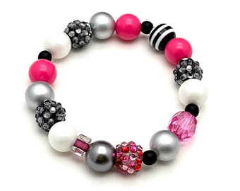 B&W and Hot Pink Bracelet, Lightweight Geometric Hot Glam Tones, Classic Boutique, Forever in Style, Timeless Retro Lucite, AM PM Crossover