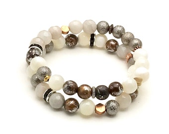 Hombre Cream Grey Metallic Bracelet Set, OOAK Lightweight Cool & Eclectic, Classic Boutique Style Timeless Details, Super Neutral All Year