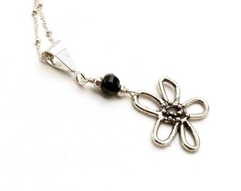 Sterling Silver Daisy Pendant Necklace, OOAK Minimalist with Black Spinel Accent, Lightweight Classic Boutique, Forever in Style, Timeless