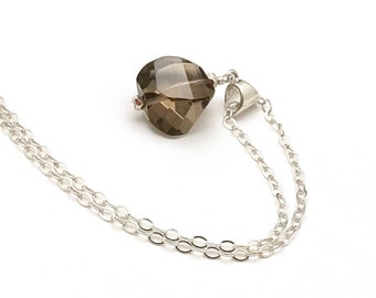 Smoky Quartz Pendant Necklace, AAA Faceted Neutral Stone with Sterling Silver, OOAK Minimalist Geometric, Classic Boutique Style, Timeless