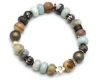 Amazonite Jasper Eclectic Bracelet, Super Muted Neutral and Mixed Metals, OOAK Cool Boutique Details, Forever in Style, Timeless