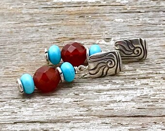 Carnelian Sky Blue Dangle Earrings, Cool Etched Sterling Silver Post, OOAK Classic Boutique, Forever in  Style, Southwest Timeless