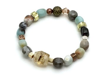 Black Amazonite Coffee Quartz Bracelet, Multicolor Pastel & Vintage, OOAK Eclectic Neutral, Cool Metals, Forever in Style Classic Boutique