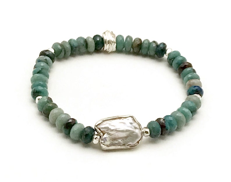 Chrysocolla & Pearl Beaded Bracelet, OOAK Faceted Teal Stone, Silver Rimmed Pearl Focal, Classic Boutique, Forever in Style, Timeless Glam image 2