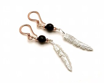 Copper & Silver Feather Earrings, Mixed Metals and Black Onyx, Sleek Cool Lightweight, Textured Classic Boutique, Forever in Style, Timeless