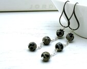 Black and Gray Long Dangle Earrings, Minimalist Dalmation Jasper  Wire Wrapped Modern, For Her Under 75 Free US Shipping and Gift Wrap
