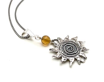 SALE Sterling Silver Sun Pendant Necklace, Cool & Eclectic Citrine for Layering, Heavy Artisan Silver, Classic Boutique, Forever in Style