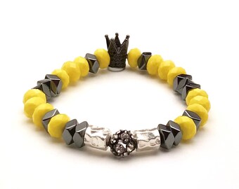 Freddie Mercury Beaded Bracelet, Yellow Black & Sterling Silver, Queen Band, Minimalist Unisex, Who is Your King Queen, UK Epic Frontman