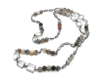 Neutral Stone & Beveled Glass Necklace, OOAK Long Geometric Sections, Classic Boutique, Forever in Style, Timeless Cool and Informal Luxe