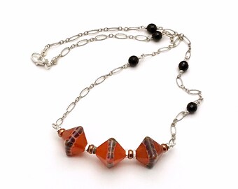 Fiery Orange Red Lampwork Necklace, Designer Glass OOAK, Cool Eclectic Classic Boutique, Forever in Style, Timeless and Lightweight