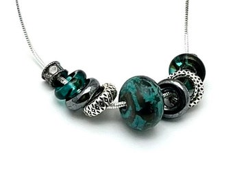 Teal & Black Geometric Necklace, Cascading Short Rocker Style, Forever in Style, Cool and Sleek Classic Boutique, Sterling Chain, Timeless