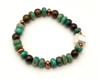 Chrysocolla Bronzite Beaded Bracelet, Mixed Metals & Intense Deep Coloring, OOAK Classic Boutique Style for Bold Women, Timeless