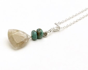 Rutilated Quartz Pendant Necklace, Table Faceted Stone with Chrysocolla, OOAK Cool and Eclectic Layering, Classic Boutique, Timeless