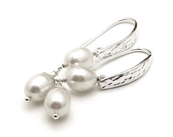 White Freshwater Pearl Earrings, AAA Elegance with Hammered Sterling Silver, OOAK Classic Boutique, Forever in Style, Timeless Gifting