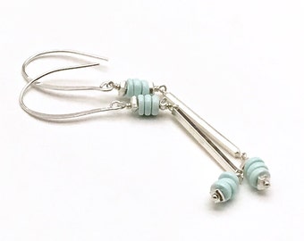 White Creek Turquoise Earrings, Long Slinky with Sterling Silver, Minimalist Cool Neutral Pale Aqua, OOAK Classic Boutique, Forever in Style