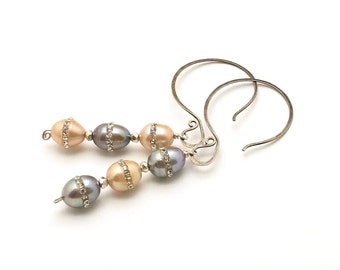 Rhinestone Pearl Dangle Earrings, OOAK Neutral Pastel, Classic Boutique with Mixed Metals, Forever in Style, Long Lightweight Balloon