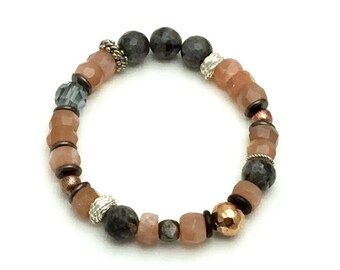 Artistic Sunstone Beaded Bracelet, OOAK Super Cool Glam, Eclectic Stylish Peach & Grey, Classic Boutique, Forever in Style, Timeless