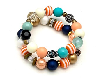 Orange Stripes Navy White Bracelet Set, Lightweight Cool Lucite, Classic Boutique, Forever in Style, Timeless Glam, Geometric Crazy Fun