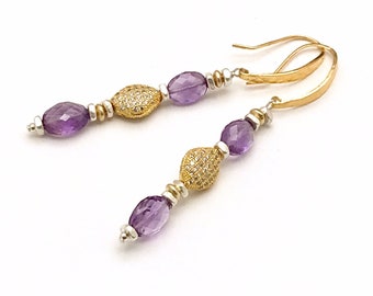 Amethyst Gold Column Earrings, Faceted AAA Stone Mixed Metals, Drop Dead Gorgeous OOAK & Regal, Classic Boutique Glam, Forever in Style