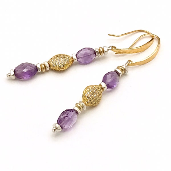 Amethyst Gold Column Earrings, Faceted AAA Stone Mixed Metals, Drop Dead Gorgeous OOAK & Regal, Classic Boutique Glam, Forever in Style