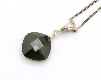 SALE Black Spinel Pendant Necklace, Minimalist Faceted Geometric, High End Cushion Cut, Classic Boutique, Forever in Style, Timeless