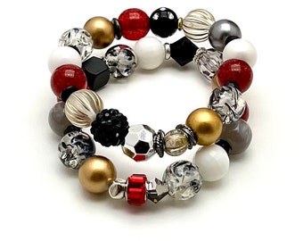 Amazing Red Gold Black Bracelet Set, Sparkle Glam Beaded with Cool Retro Lucite, Classic Boutique, Forever in Style, Timeless Gifting