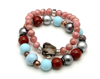 Pink Rhodochrosite Beaded Bracelet, Amazing Smoky Quartz Focal, Classic Boutique Combo, Timeless Pink & Brown, Minimalist, Forever in Style