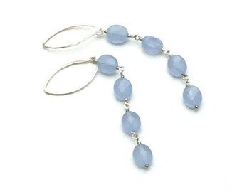 Pale Denim Blue Dangle Earrings, Sterling Silver Wrapped Chalcedony, OOAK Long Lightweight Column, Classic Boutique, Forever in Style