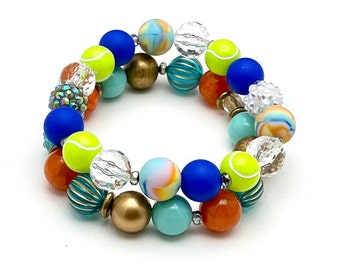 Bright Vintage and Retro Bracelet Set, Lime Royal Teal Orange Mashup, Made for Each Other, Classic Boutique, Forever in Style, Timeless