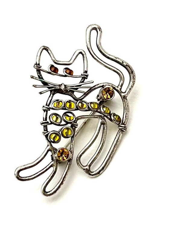 Vintage Silver Kitty Pin, Plated Silver Brooch Op… - image 2
