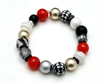 Eclectic B&W and Red Bracelet, Lightweight and Geometric, Classic Boutique, Forever in Style, Timeless Vintage and Retro Lucite