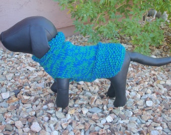 Blue Green Hand Knit Wool Dog Sweater Medium.