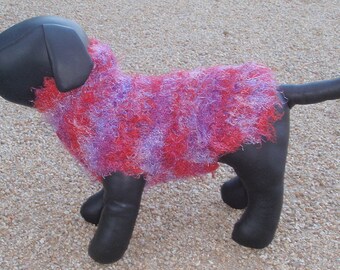 Hand Knit Red and Purple Dog Sweater, xx small.